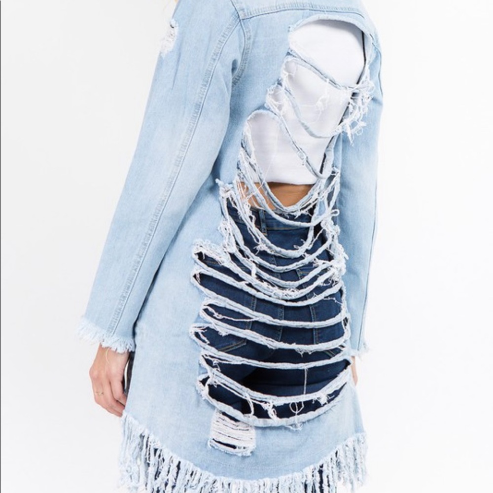 Plus Size Long Distressed Denim Jacket